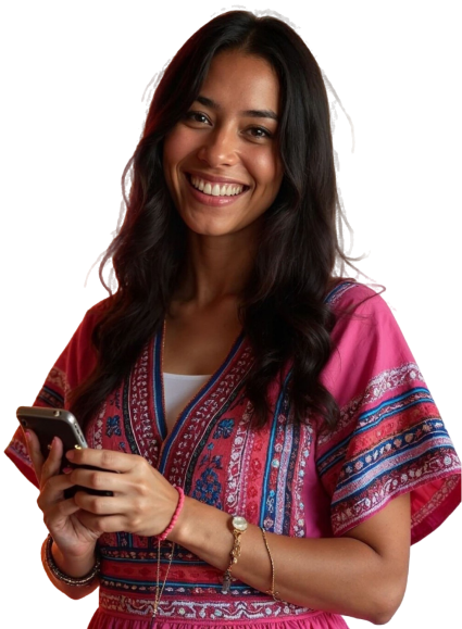 Mujer sonriendo sosteniendo su celular